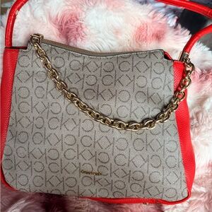 Calvin Klein Beige and Red Shoulder Bag